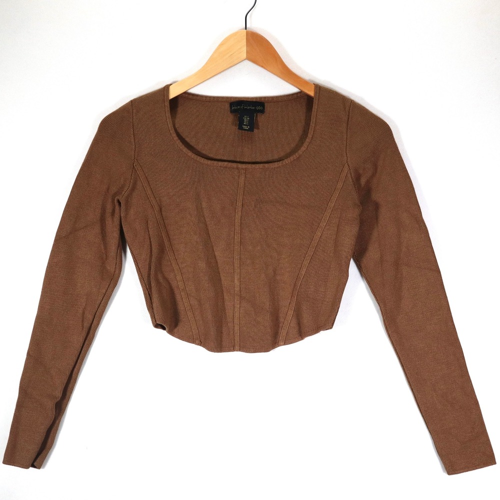 House of Harlow 1960 Knit Top Womens S Brown Corset Ribbed Long Sleeve Casual